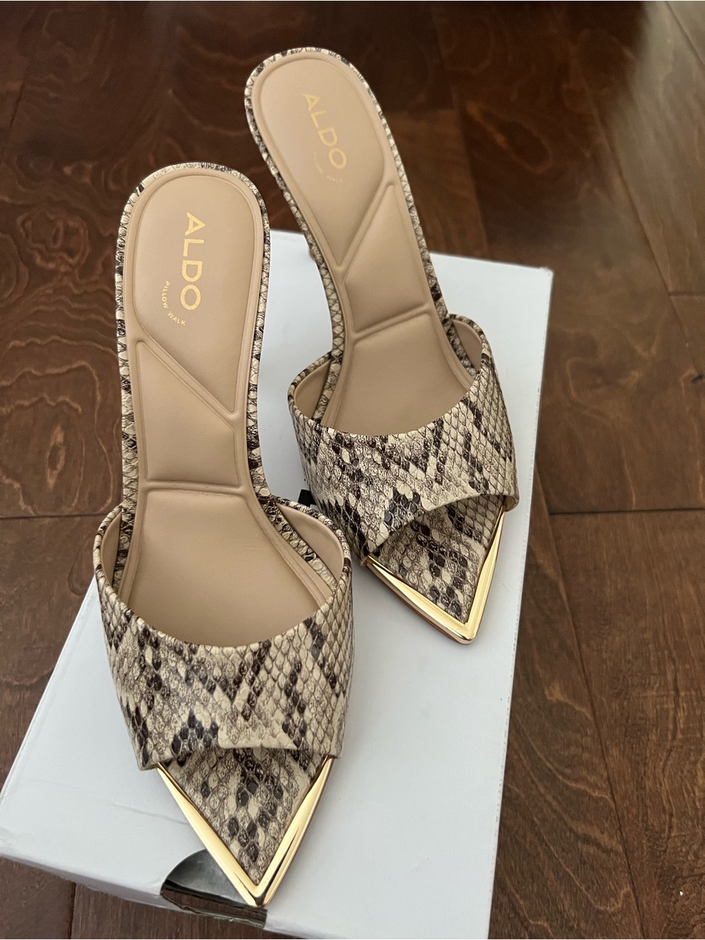 ALDO Snake-Print Pointed Toe Slide Mules with Gold Trim